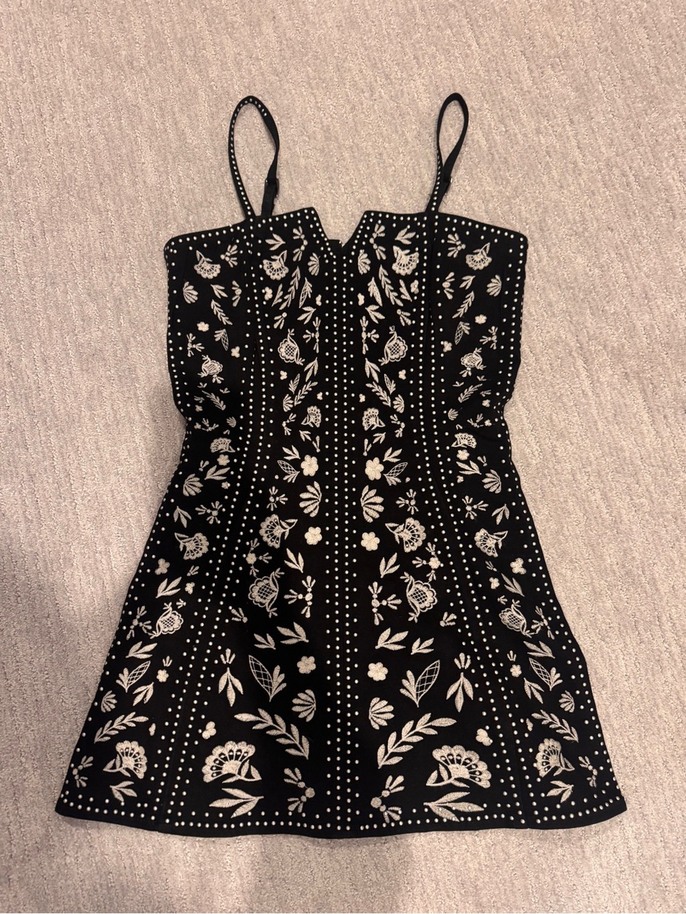 Aqua Black Mini Dress with White Floral Embroidery